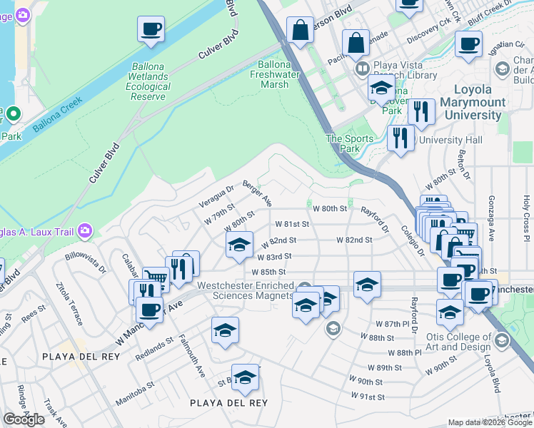 map of restaurants, bars, coffee shops, grocery stores, and more near 7700 West 80th Street in Los Angeles