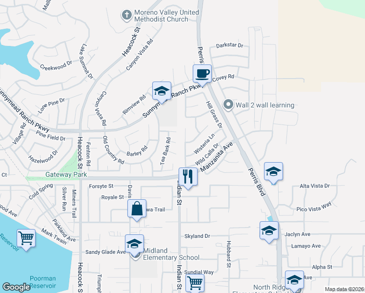 map of restaurants, bars, coffee shops, grocery stores, and more near 24488 Quail Nest Road in Moreno Valley