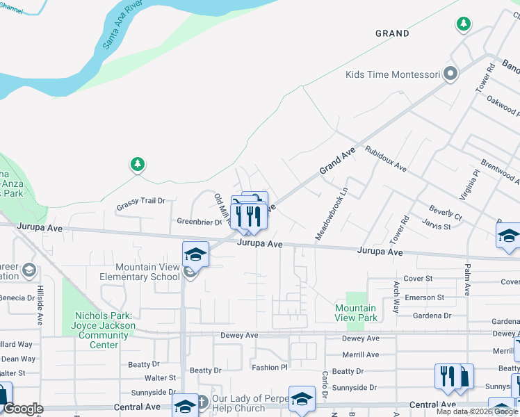 map of restaurants, bars, coffee shops, grocery stores, and more near 5949 Grand Avenue in Riverside