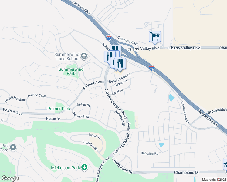 map of restaurants, bars, coffee shops, grocery stores, and more near 991 Heron Court in Calimesa