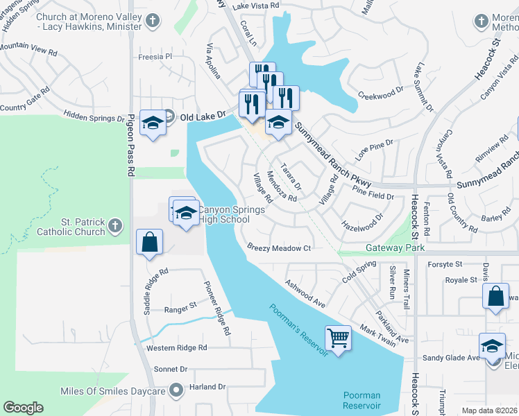 map of restaurants, bars, coffee shops, grocery stores, and more near 23585 Lake Valley Drive in Moreno Valley