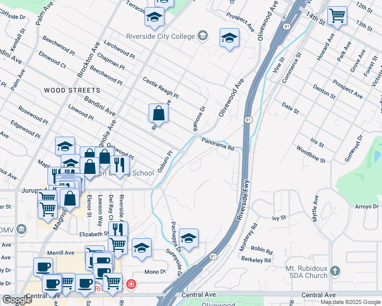 map of restaurants, bars, coffee shops, grocery stores, and more near 5452 Olivewood Avenue in Riverside
