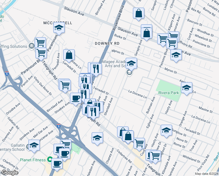 map of restaurants, bars, coffee shops, grocery stores, and more near 8340 Cravell Avenue in Pico Rivera