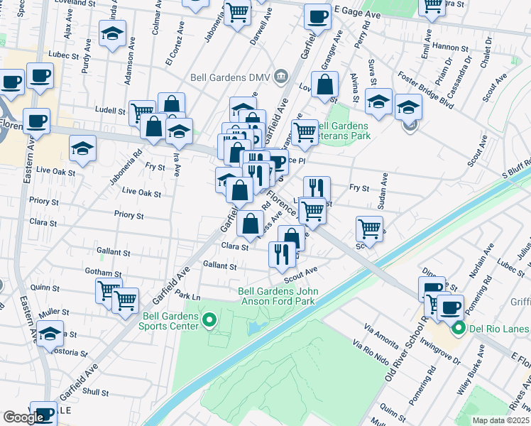 map of restaurants, bars, coffee shops, grocery stores, and more near 7543 Kress Avenue in Bell Gardens