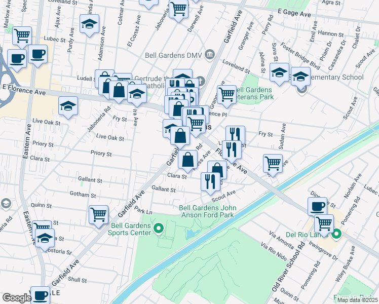 map of restaurants, bars, coffee shops, grocery stores, and more near 7565 Perry Road in Bell Gardens