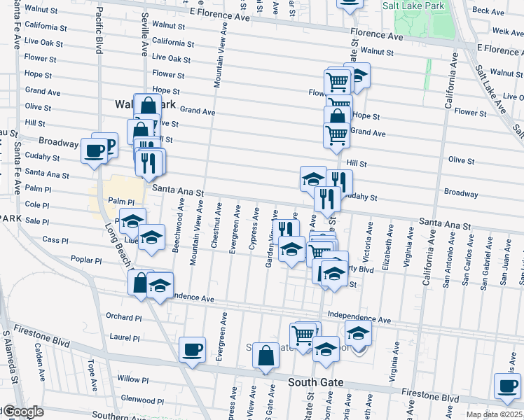 map of restaurants, bars, coffee shops, grocery stores, and more near 8133 Garden View Avenue in South Gate