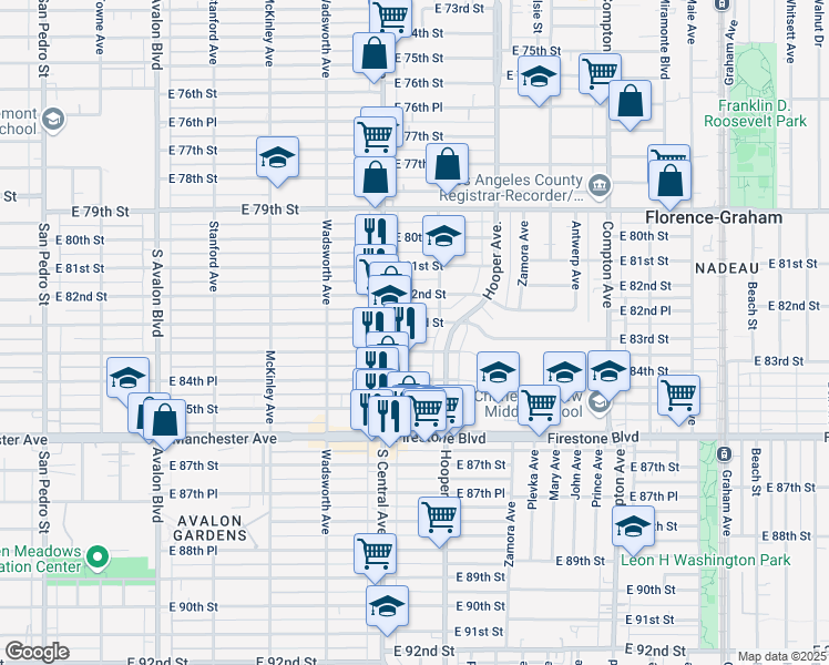 map of restaurants, bars, coffee shops, grocery stores, and more near 1127 East 84th Street in Los Angeles