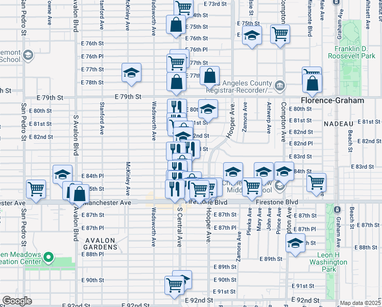 map of restaurants, bars, coffee shops, grocery stores, and more near 1127 East 84th Street in Los Angeles