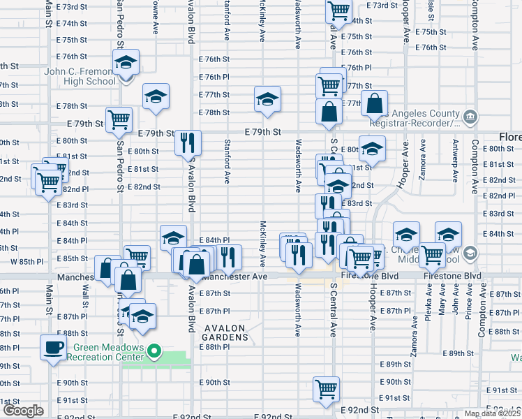 map of restaurants, bars, coffee shops, grocery stores, and more near 745 East 84th Street in Los Angeles