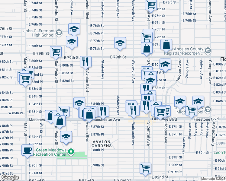 map of restaurants, bars, coffee shops, grocery stores, and more near 745 East 84th Street in Los Angeles