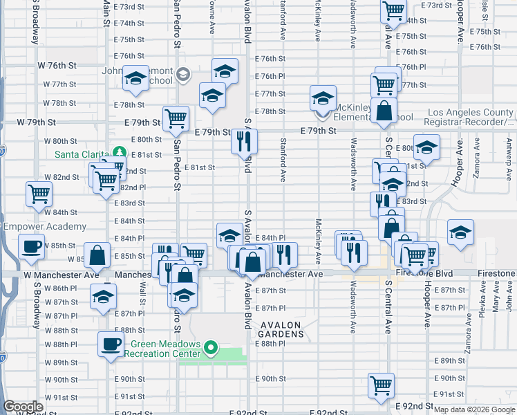 map of restaurants, bars, coffee shops, grocery stores, and more near 615 East 84th Street in Los Angeles