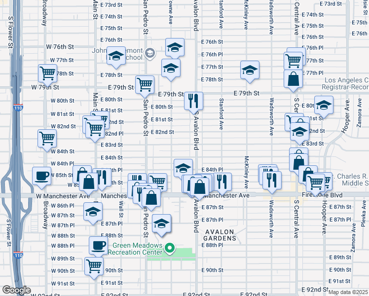 map of restaurants, bars, coffee shops, grocery stores, and more near 437 East 84th Street in Los Angeles