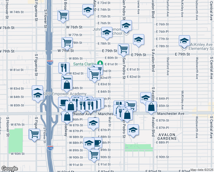 map of restaurants, bars, coffee shops, grocery stores, and more near 155 East 84th Street in Los Angeles