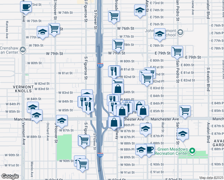 map of restaurants, bars, coffee shops, grocery stores, and more near 332 West 84th Street in Los Angeles