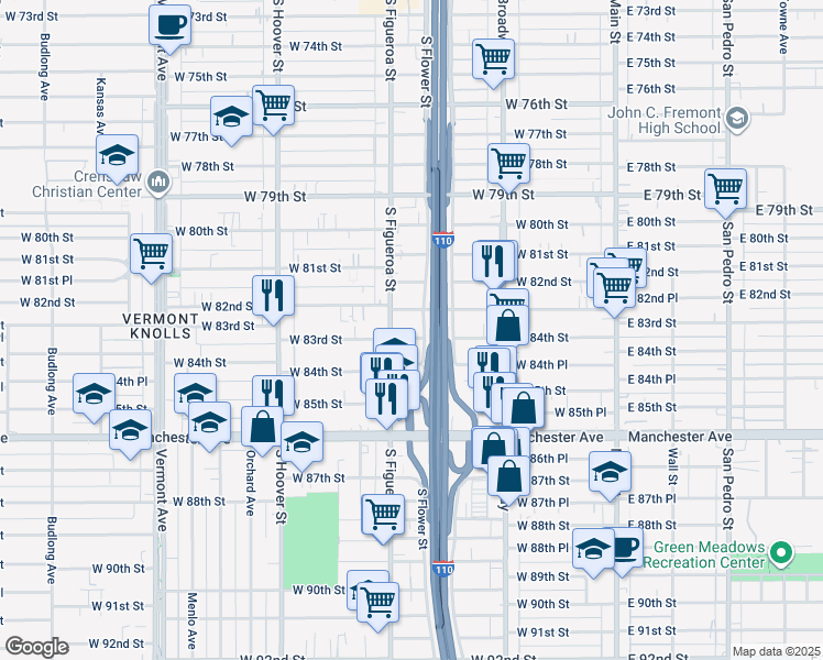 map of restaurants, bars, coffee shops, grocery stores, and more near 8406 South Figueroa Street in Los Angeles
