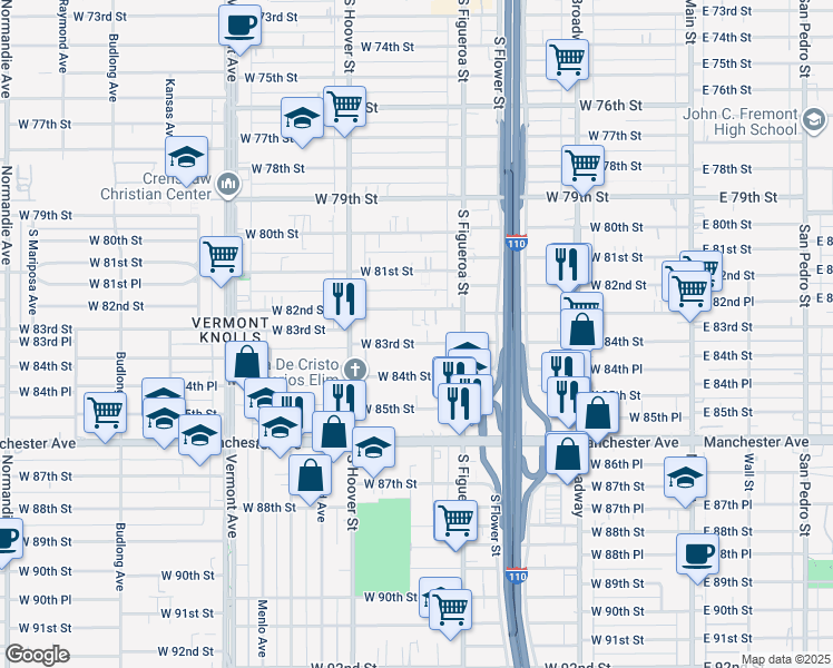 map of restaurants, bars, coffee shops, grocery stores, and more near 534 West 83rd Street in Los Angeles