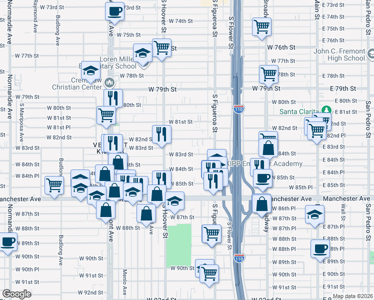 map of restaurants, bars, coffee shops, grocery stores, and more near 702 West 83rd Street in Los Angeles