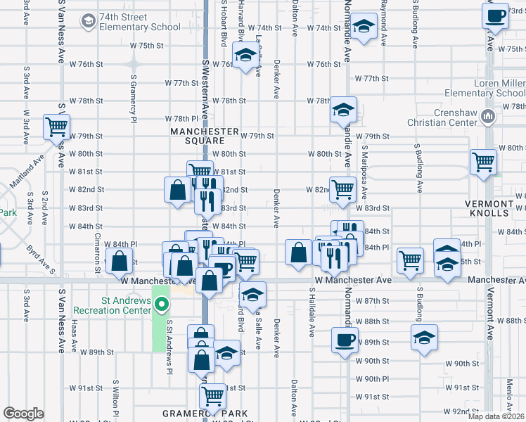 map of restaurants, bars, coffee shops, grocery stores, and more near 1607 West 84th Street in Los Angeles