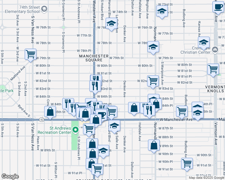 map of restaurants, bars, coffee shops, grocery stores, and more near 1653 West 84th Street in Los Angeles