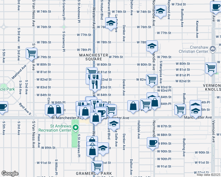 map of restaurants, bars, coffee shops, grocery stores, and more near 1653 West 84th Street in Los Angeles