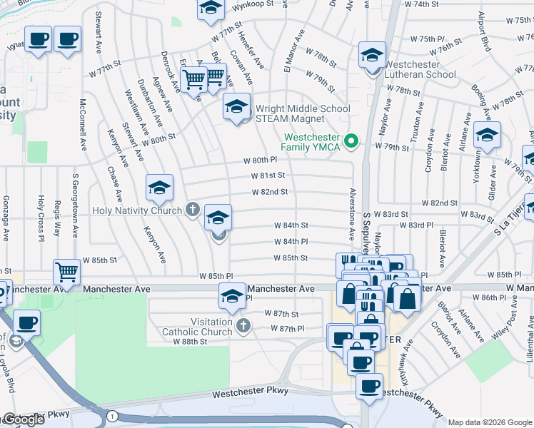 map of restaurants, bars, coffee shops, grocery stores, and more near 6527 West 84th Street in Los Angeles