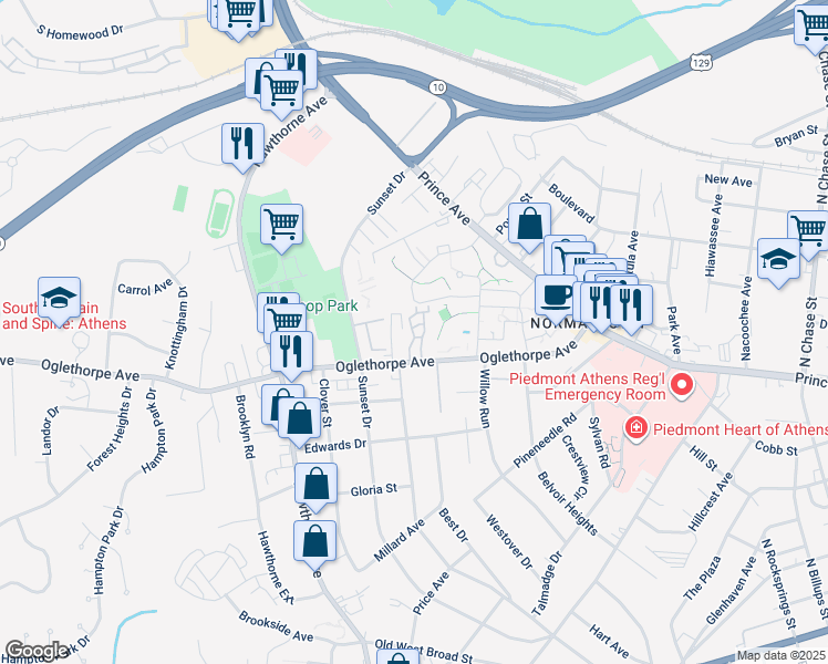 map of restaurants, bars, coffee shops, grocery stores, and more near 354 Oaktree Square in Athens