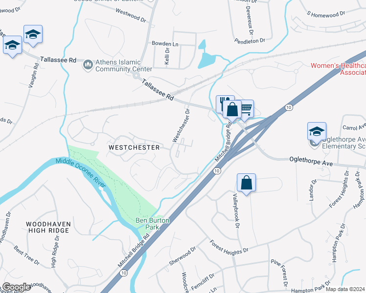 map of restaurants, bars, coffee shops, grocery stores, and more near 120 Hanover Place in Athens