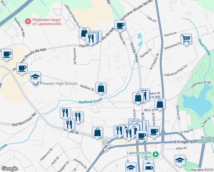 map of restaurants, bars, coffee shops, grocery stores, and more near 354 Dixie Court in Lawrenceville