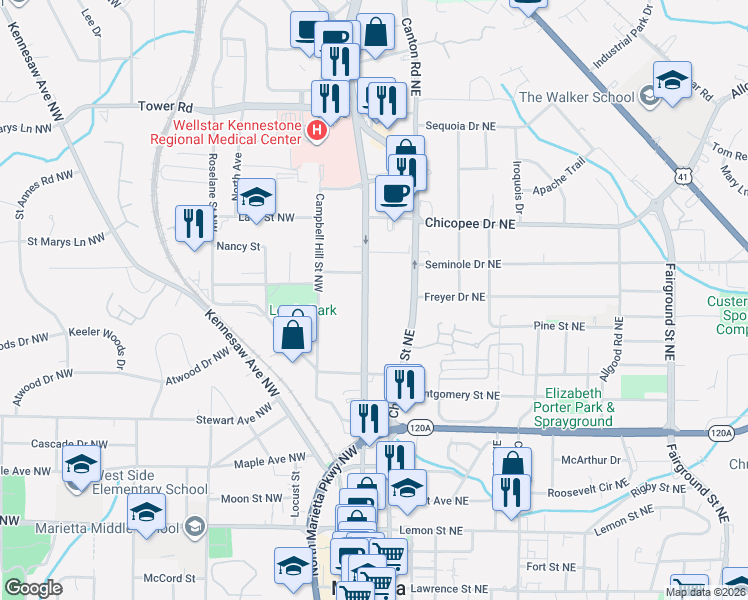 map of restaurants, bars, coffee shops, grocery stores, and more near 473 Cherokee Street Northeast in Marietta