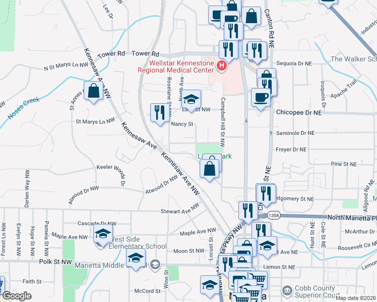 map of restaurants, bars, coffee shops, grocery stores, and more near in Marietta