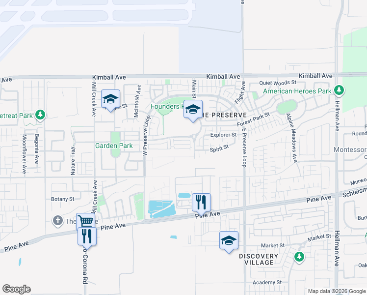 map of restaurants, bars, coffee shops, grocery stores, and more near 19567 Main Street in Chino