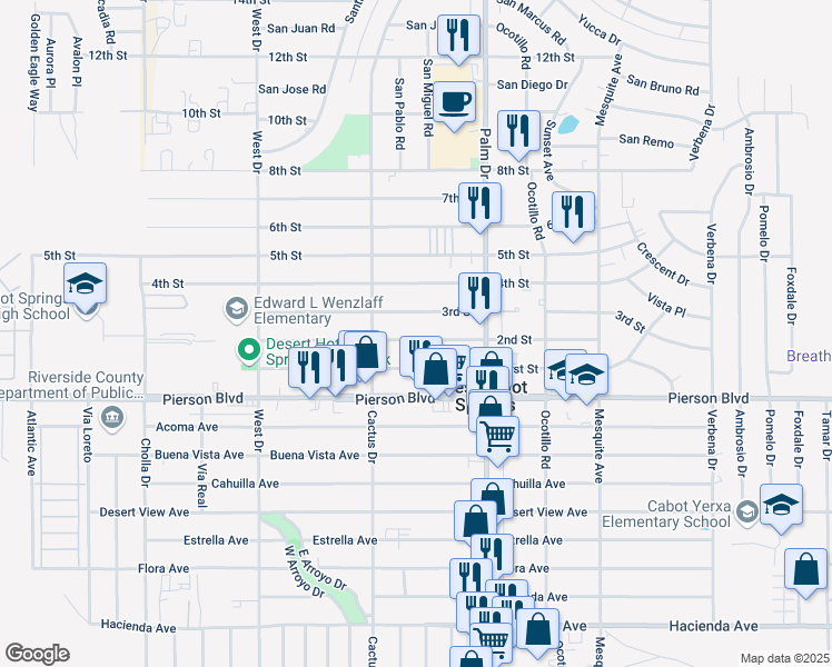 map of restaurants, bars, coffee shops, grocery stores, and more near 66348 2nd Street in Desert Hot Springs