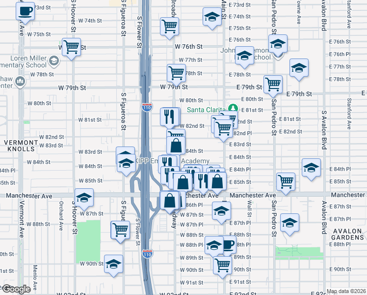map of restaurants, bars, coffee shops, grocery stores, and more near 241 West 84th Street in Los Angeles
