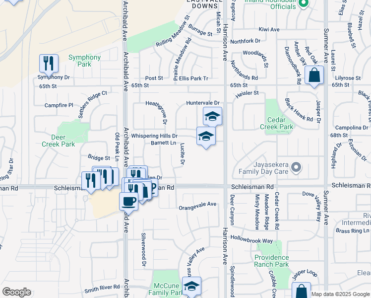 map of restaurants, bars, coffee shops, grocery stores, and more near 6850 Lucite Drive in Eastvale