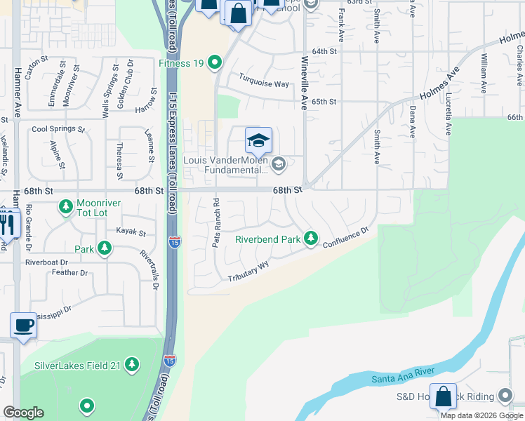 map of restaurants, bars, coffee shops, grocery stores, and more near 6864 Ripple Court in Jurupa Valley