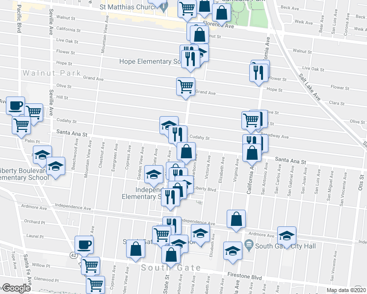 map of restaurants, bars, coffee shops, grocery stores, and more near 8099 State Street in Huntington Park