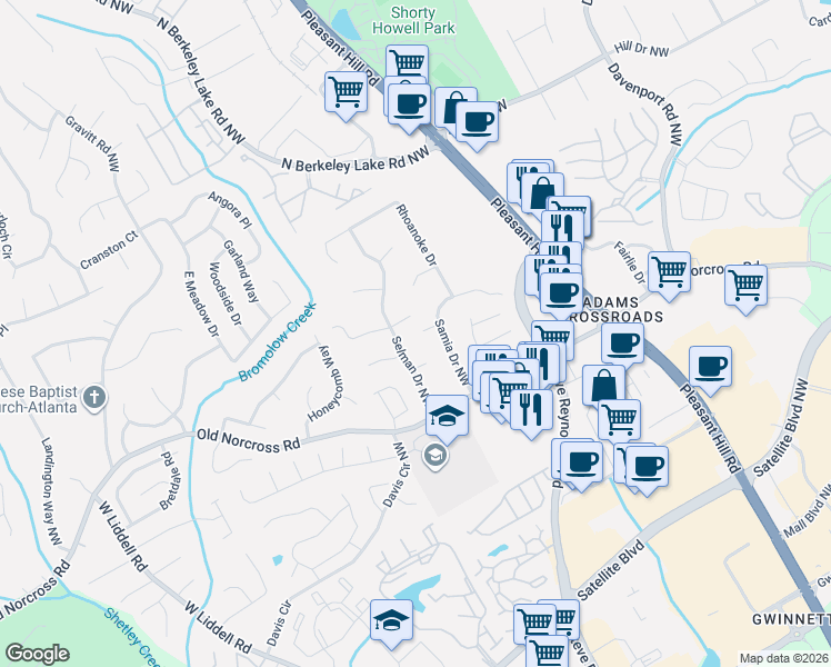 map of restaurants, bars, coffee shops, grocery stores, and more near 3833 Selman Court in Duluth
