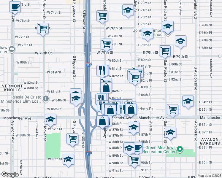 map of restaurants, bars, coffee shops, grocery stores, and more near 241 West 84th Street in Los Angeles