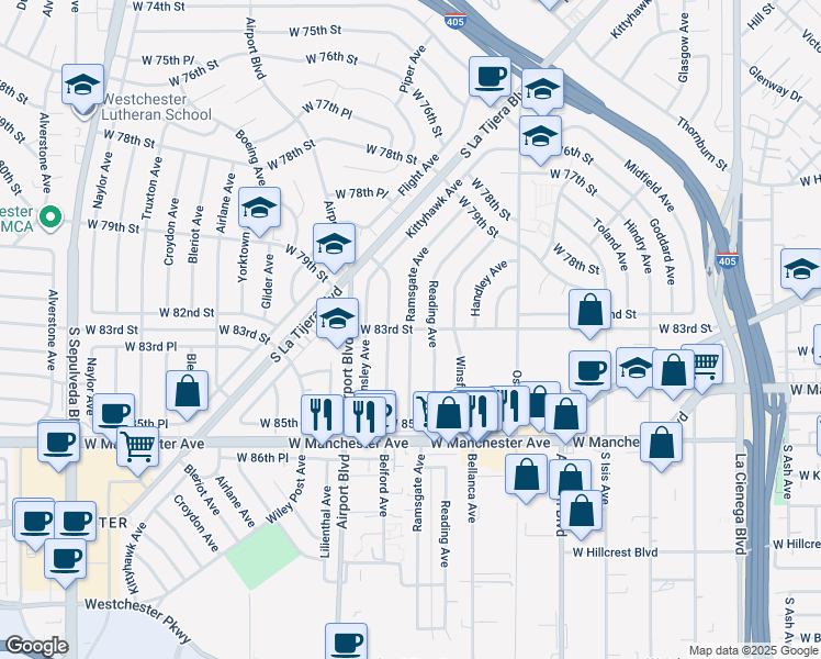 map of restaurants, bars, coffee shops, grocery stores, and more near Ramsgate Avenue in Los Angeles