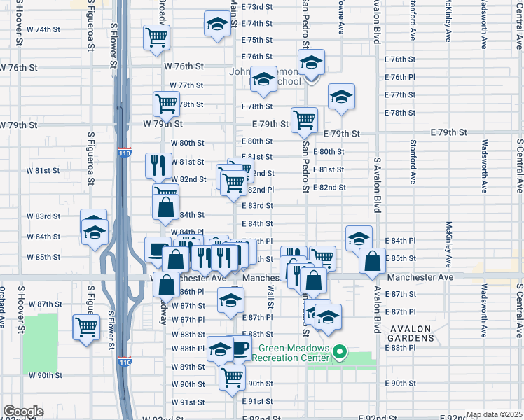 map of restaurants, bars, coffee shops, grocery stores, and more near 146 East 83rd Street in Los Angeles