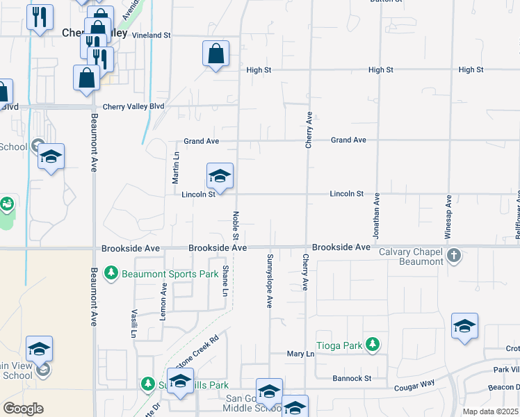 map of restaurants, bars, coffee shops, grocery stores, and more near 39837 Lincoln Street in Cherry Valley