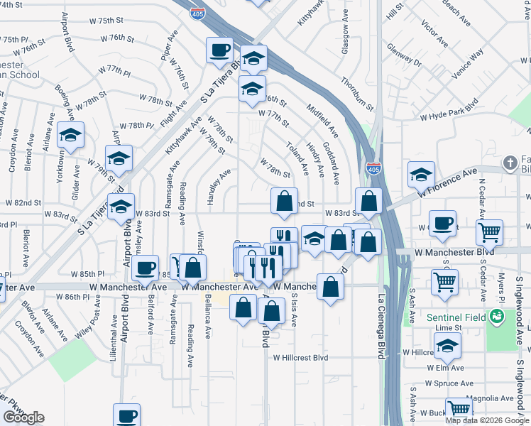 map of restaurants, bars, coffee shops, grocery stores, and more near 5520 West 83rd Street in Los Angeles