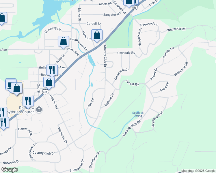 map of restaurants, bars, coffee shops, grocery stores, and more near 411 Country Club Drive in Gadsden