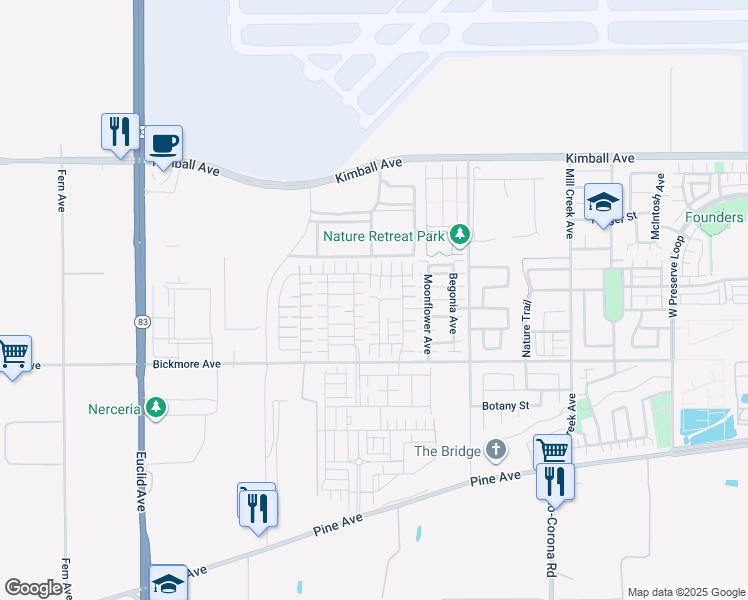 map of restaurants, bars, coffee shops, grocery stores, and more near 7531 Cessna Street in Chino