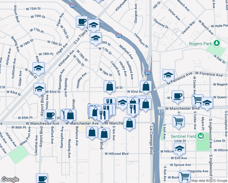 map of restaurants, bars, coffee shops, grocery stores, and more near 8301 Isis Avenue in Los Angeles