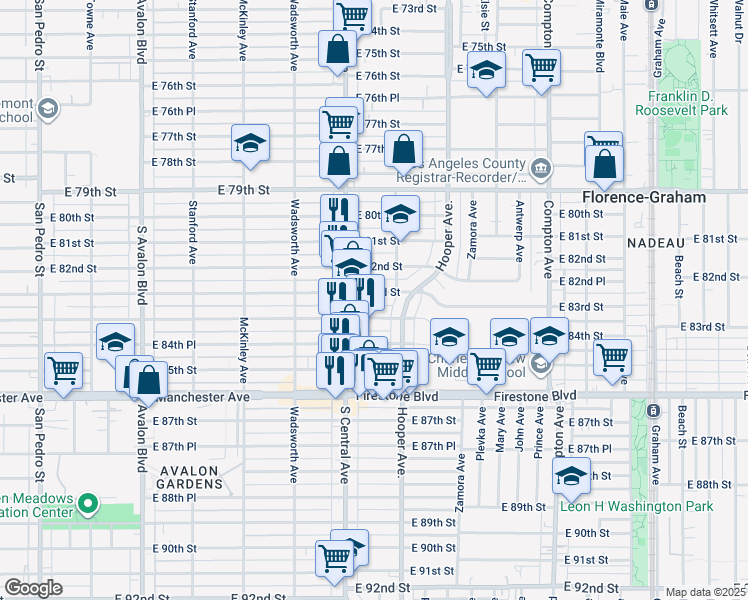 map of restaurants, bars, coffee shops, grocery stores, and more near 1127 East 84th Street in Los Angeles