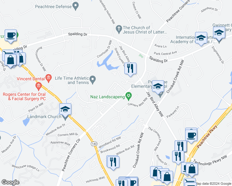 map of restaurants, bars, coffee shops, grocery stores, and more near 904 Peachtree Forest Terrace in Norcross