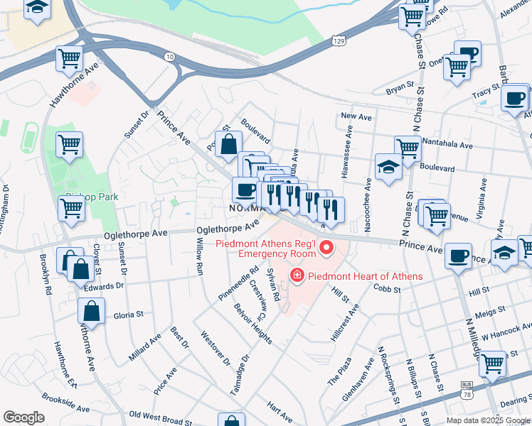 map of restaurants, bars, coffee shops, grocery stores, and more near 1401 Prince Avenue in Athens