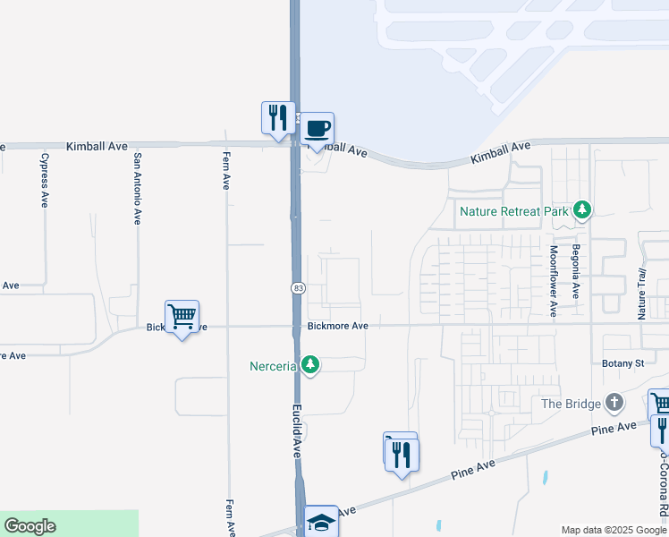 map of restaurants, bars, coffee shops, grocery stores, and more near 15961 Euclid Avenue in Chino