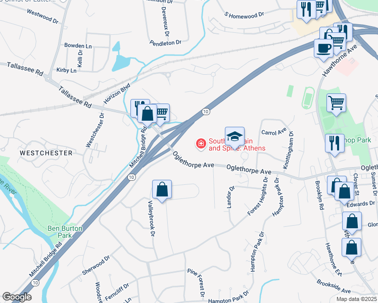 map of restaurants, bars, coffee shops, grocery stores, and more near 1500 Oglethorpe Avenue in Athens